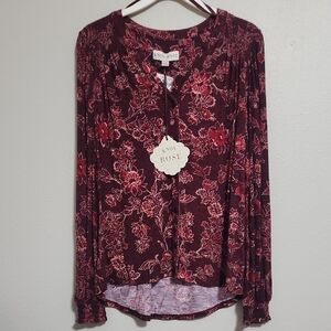 NWT Womens Knox Rose Burgundy Floral Button Down Hippie Blouse Size S